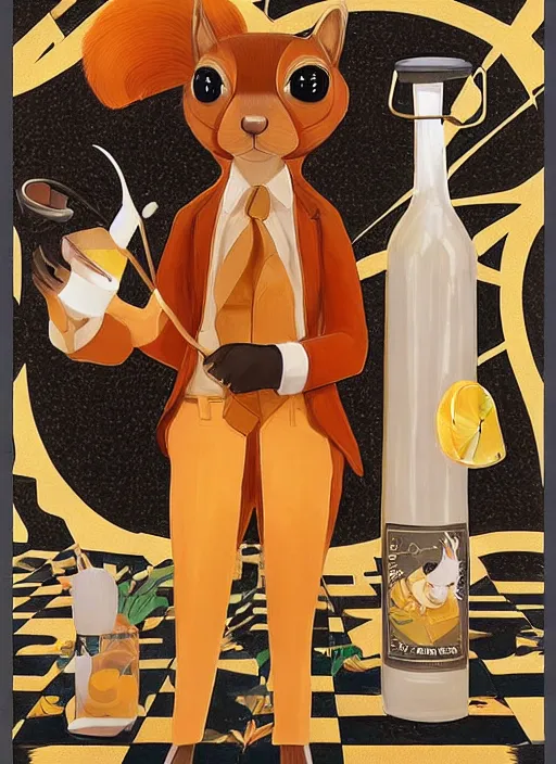 Prompt: squirrel anthro as a dapper bartender with a big fluffy tail, retro futurism, art deco, detailed painterly digital art by Hayv Kahraman, 🐿🍸🍋, furaffinity, trending on artstation