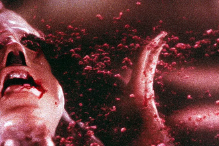 Prompt: filmic closeup slight motion blur movie still 35mm film color photograph of a doctor getting his face torn and mutilated by a dangerous spined bundle of alien worms coming from off camera, blood flying in the air, in the style of a 1982 horror film