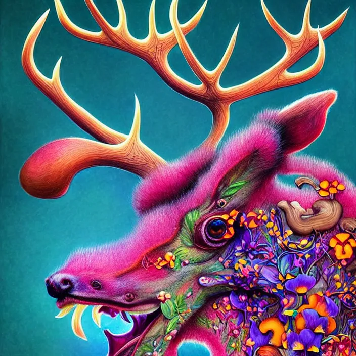 Image similar to extremely psychedelic animal made of orchid and cherry blossom tree and mushroom, LSD elk, diffuse lighting, fantasy, intricate, elegant, highly detailed, lifelike, photorealistic, digital painting, artstation, illustration, concept art, smooth, sharp focus, art by John Collier and Albert Aublet and Krenz Cushart and Artem Demura and Alphonse Mucha