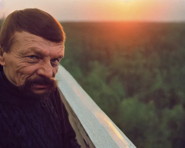 Image similar to award - winning lomographic tarkovsky film still of 4 0 years russian man with beard and sweater standing on small hrushevka 9 th floor balcony in taiga looking at sunset, cinestill, bokeh