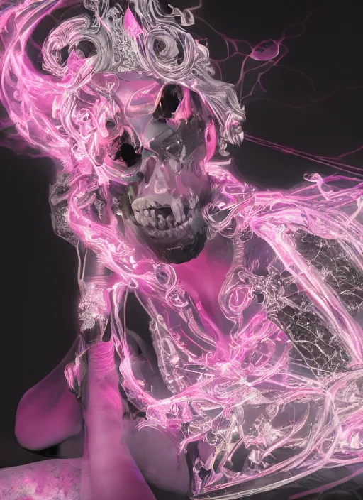 Image similar to photo of fullbodied baroque and bladerunner delicate neon diamond sculpture of seductive onyx albino marble prince kai harvatz dotado pink iridescent skull psychedelic, reclining, glowing magenta face, crown of white diamonds, cinematic lighting, photorealistic, octane render 8 k depth of field 3 d