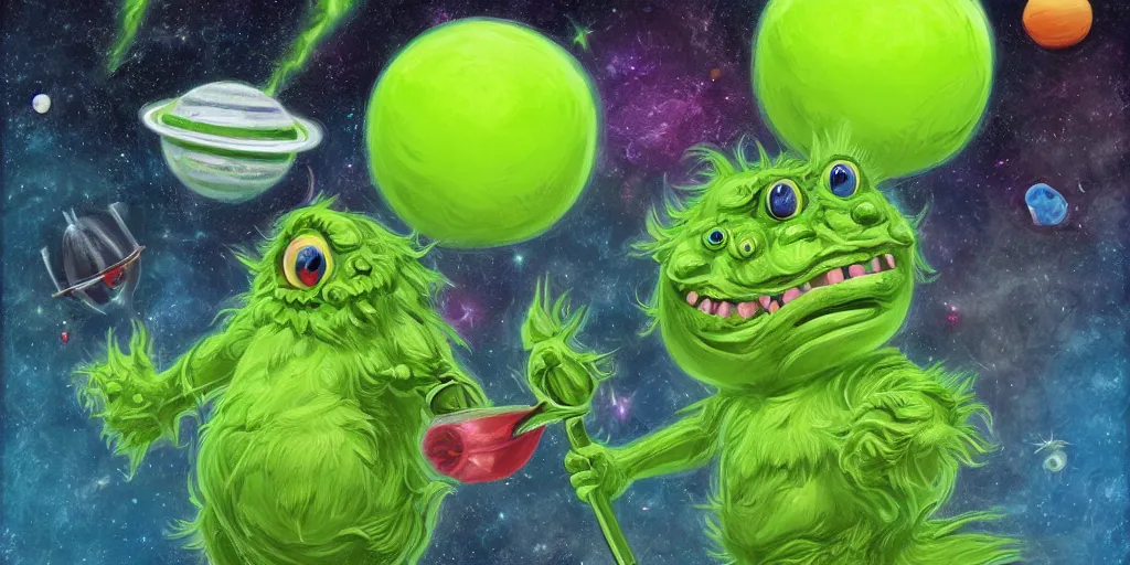 Image similar to a cinematic poster of green tennis ball monsters, in space, digital art, fantasy, magic, chalk, chalked, trending on artstation, ultra detailed, detailed, fine details, professional illustration by basil gogos