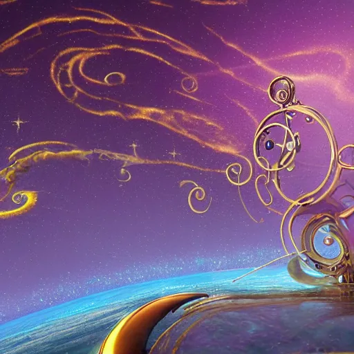 Prompt: giant divine eldritch galaxy curve tom cat chili champagne clockwork, by ghibli studios and arthur skizhali - weiss and titian, movie poster, concept art, rendered in cinema 4 d