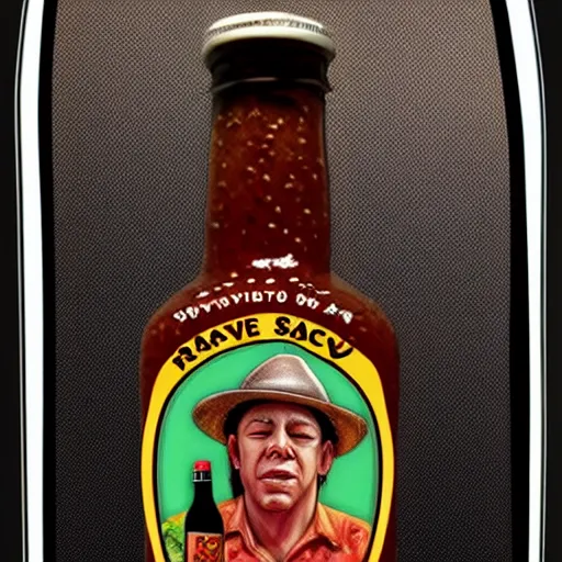 Image similar to a bottle of sweet baby ray's bbq sauce with the face of stevie ray vaughan on the bottle, realistic, hyperrealistic, ultra realistic, real, real world, highly detailed, very detailed, extremely detailed, intricate details, 8 k resolution, hd quality