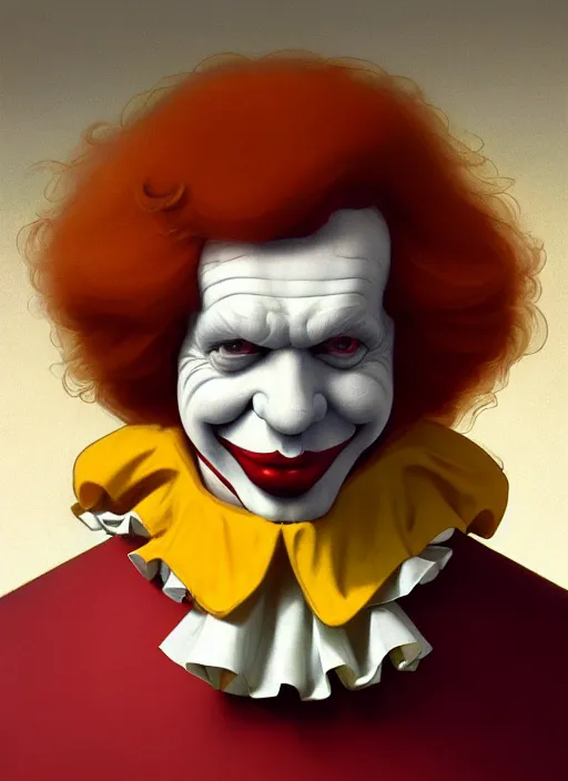 Image similar to close up portrait of ronald mcdonald, court jester, yellow jumper with white collar by artgerm, cushart krenz, greg rutkowski, mucha. art nouveau. gloomhaven, golden arches logo, pale colors, sharp edges. ultra clear detailed. 8 k. elegant, intricate, octane render