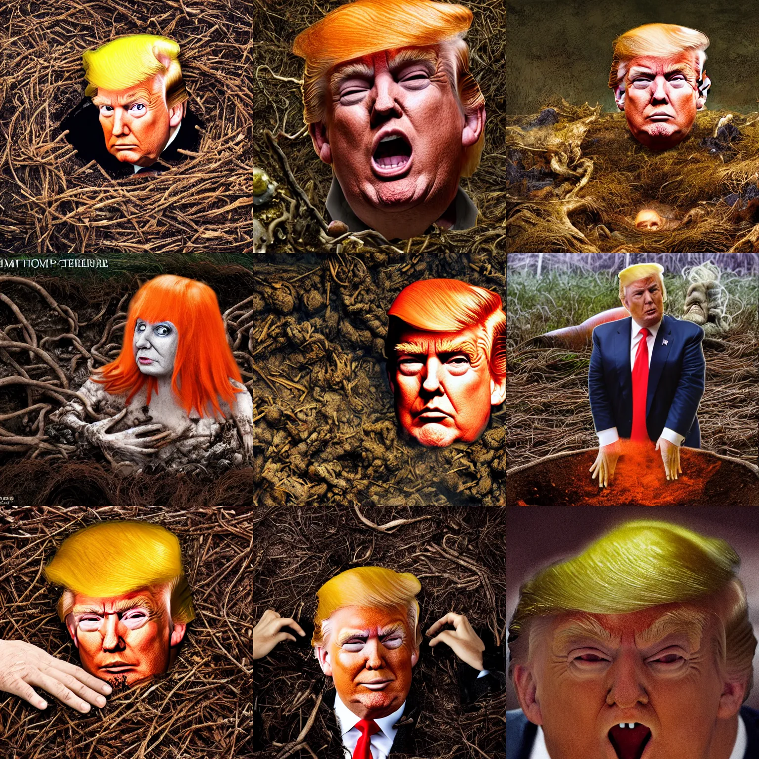 Prompt: donald trump hiding in the bog of eternal stench from jim hensons labyrinth, while the fbi is looking for him, only his orange hair swimming at the surface, very stinky and dirty, hd - photo, trending on 5 0 0 px, detailed