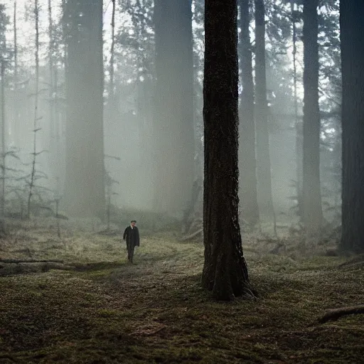 Image similar to thomas shelby in a hazy forest at dusk, film still, glowing light, moody lightning, stunning photo dslr, hyper realistic, intricate environment