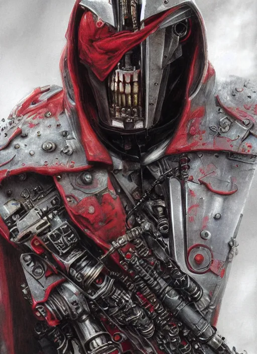 Image similar to portrait of rotten Nicolas Cage as adeptus mechanicus in red hood and robe from Warhammer 40000. Highly detailed, artstation, illustration by and John Blanche and zdislav beksinski and wayne barlowe