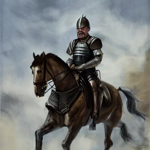 Image similar to walter white from breaking bad wearing medieval armor and riding a horse, matte oil painting