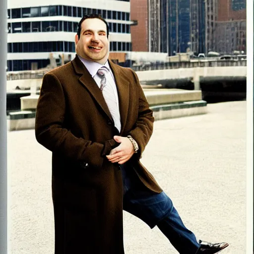 Prompt: full length shot : : clean - shaven smiling white chubby italian american man in his 4 0 s wearing a long brown overcoat and necktie and black shoes shoes shoes holding a burger, 2 0 0 6 advertising promo shot