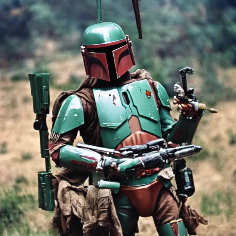 Image similar to photo of boba fett at woodstock, 1 9 6 9, 3 5 mm film, fuji velvia