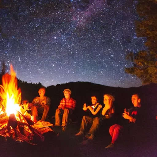 Prompt: A group of friends sit around a campfire, telling stories and laughing, the flames crackling and the stars shining bright overhead, as they enjoy each other's company on a clear night.