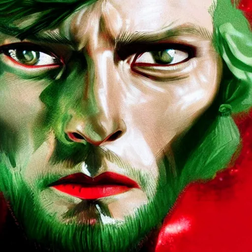 Prompt: peter otoole, green hair, white face, red lips, portrait, realistic, concept art, lee bermejo