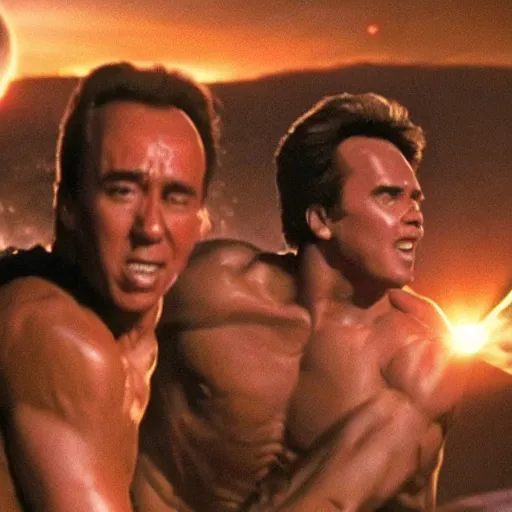 Prompt: arnold and his men watch in joyous celebration as the sun explodes in the solar system, arnold goes up for the kill but there's no one around to shoot because nicolas cage finished everyone off, movie still