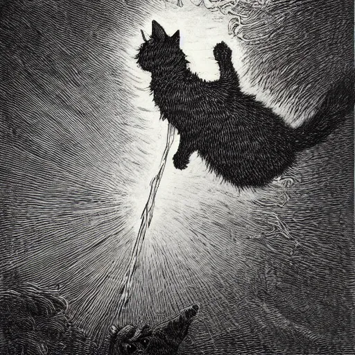 Prompt: a painting by Gustave Doré of Garfield the orange cat falling from heaven after his banishment, cinematic lighting, dramatic lighting, realistic, woodcut