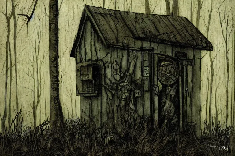 Image similar to mad horror painting of a cabine in the woods by ben templesmith