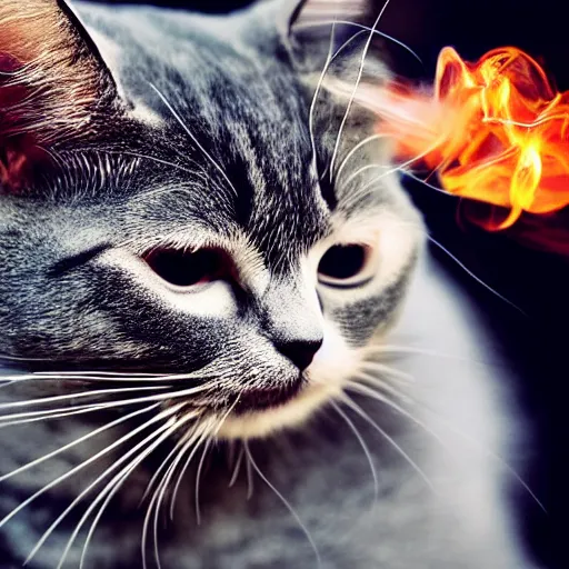 Image similar to a high detail closeup shot of a cat wearing a suit and smoking a cigar