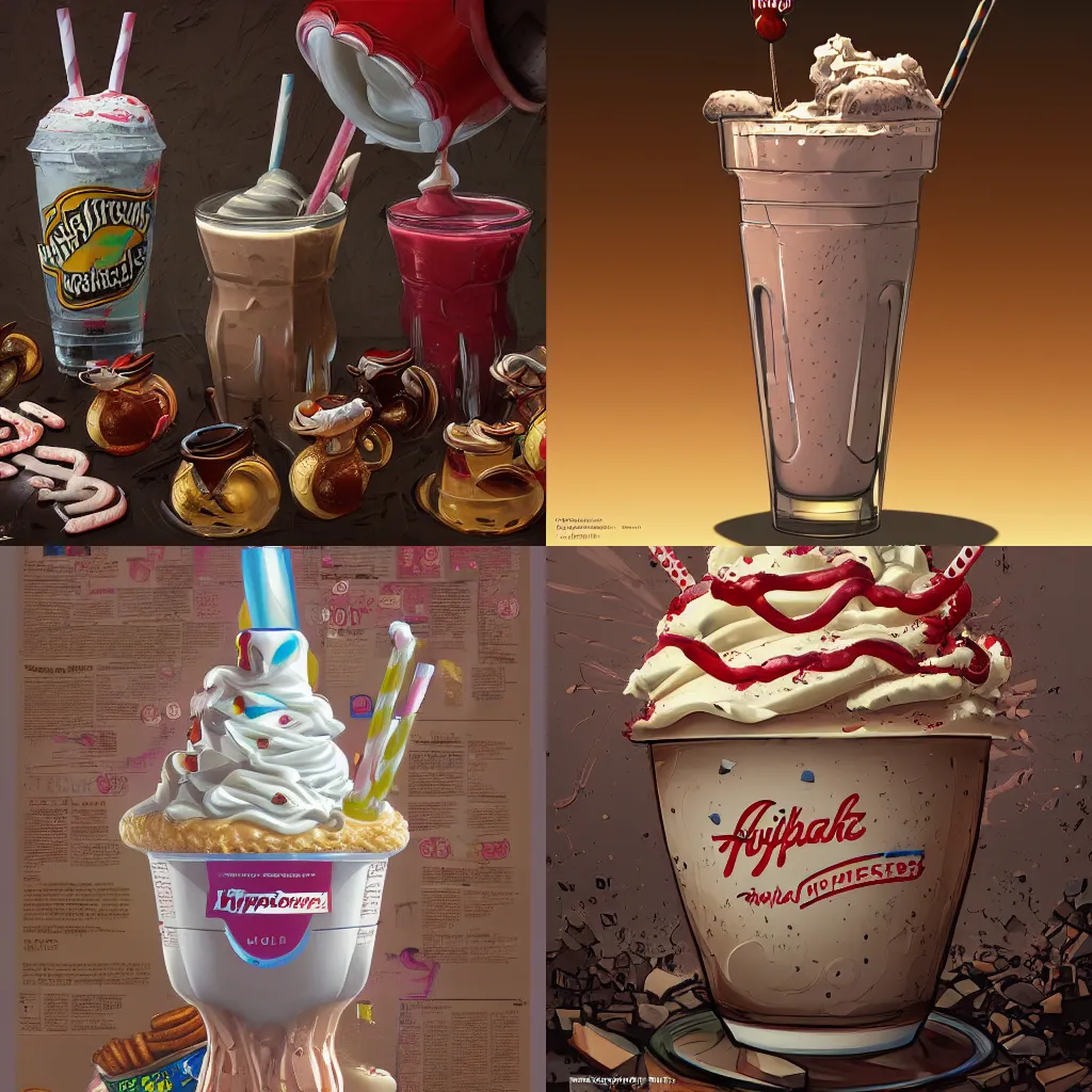 Prompt: hyperdetailed masterpiece concept art of a milkshake, high quality trending on ArtStation