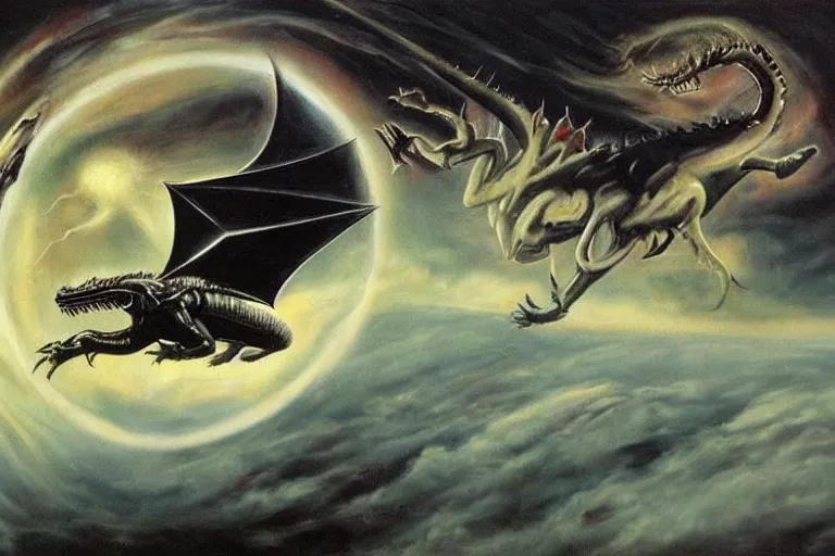 Prompt: painting by h. r. giger, menacing dragon soaring above the clouds, blackhole sun, dark undertones, flow of motion, closeup