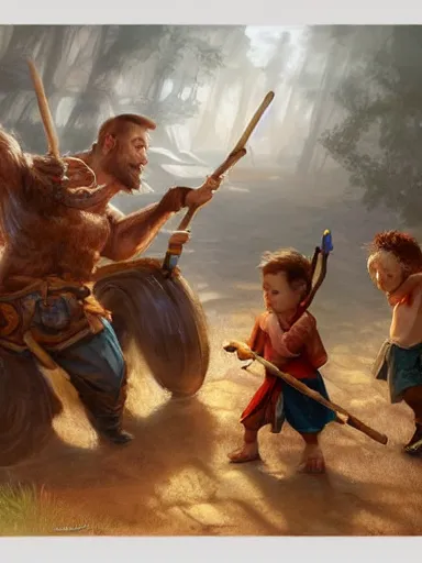 Image similar to half dozen kids playing with sticks. fight intricate, elegant, highly detailed, digital painting, artstation, concept art, sharp focus, illustration, by justin gerard and artgerm, 8 k