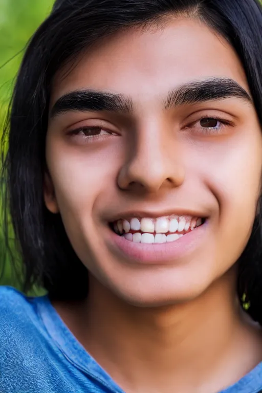 Image similar to close up headshot of an androgynous Hispanic teen with medium length slightly wavy black hair a wide smile brown eyes a small nose tidy plucked eyebrows dark brown eyes and a diamond shaped face, high resolution film still, 8k, HDR color