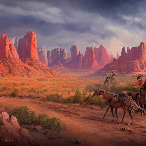 Image similar to a matte painting of the sci - fi wild west sedona, oil painting, pale colors, high detail, 8 k, wide angle, trending on artstation,