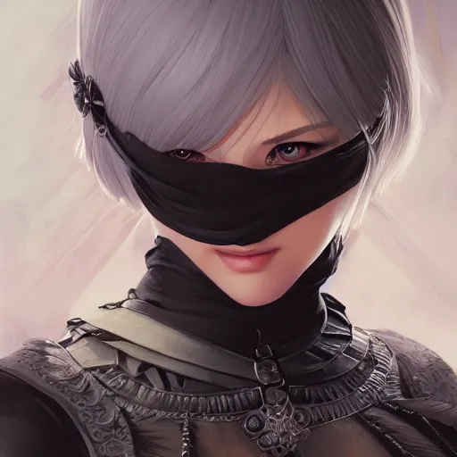 Prompt: closeup of 2B from NieR Automata wearing her blindfold, D&D, fantasy, intricate, elegant, highly detailed, digital painting, artstation, concept art, matte, sharp focus, illustration, hearthstone, art by Artgerm and Greg Rutkowski and Alphonse Mucha
