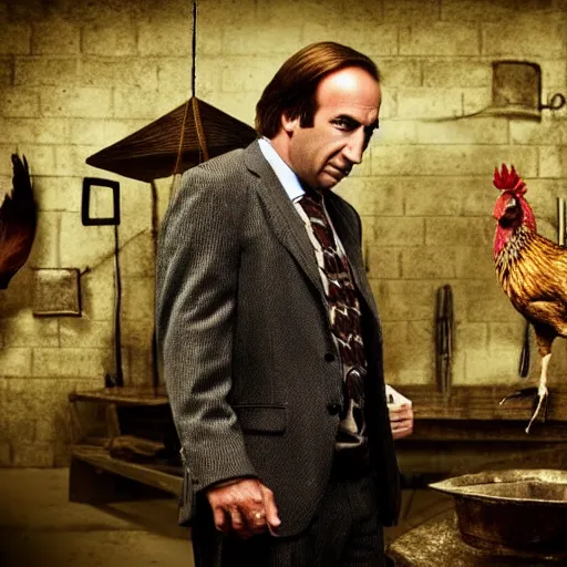 Image similar to saul goodman and a rooster in a medieval torture chamber, saw blades and knives in the background, horror movie, saul goodman, rooster!!!!, real life photo, highly detailed face