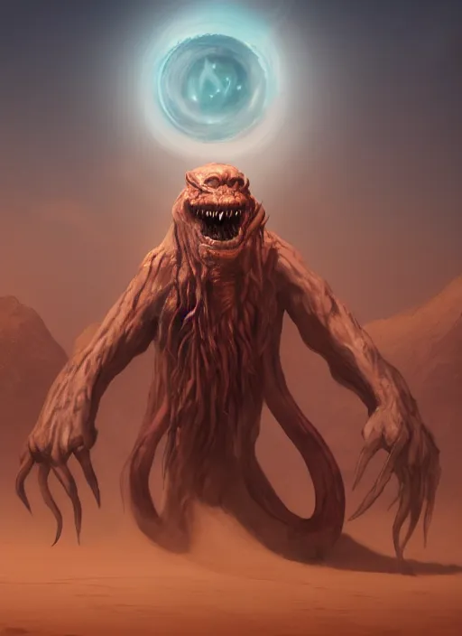 Image similar to terrific jinn monster in middle of desert, horror, dark atmosphere, harsh lighting, cinematic lighting, scary, award wining art, artstation, high details, concept art, 4 k