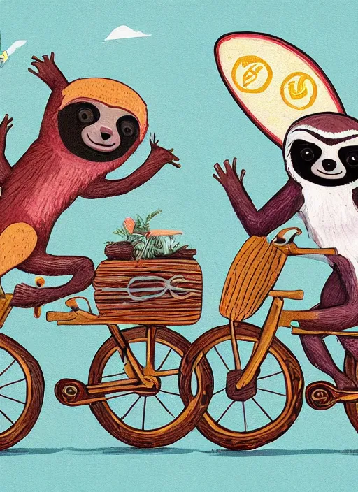 Image similar to a couple of sloths riding a bike with a surfboard, by tim biskup, tom bonson folk art, whimsical, storybook illustration