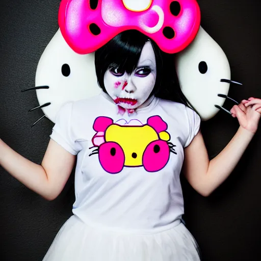 Prompt: Zombie Hello Kitty Cosplay, EOS-1D, f/1.4, ISO 200, 1/160s, 8K, RAW, unedited, symmetrical balance, in-frame
