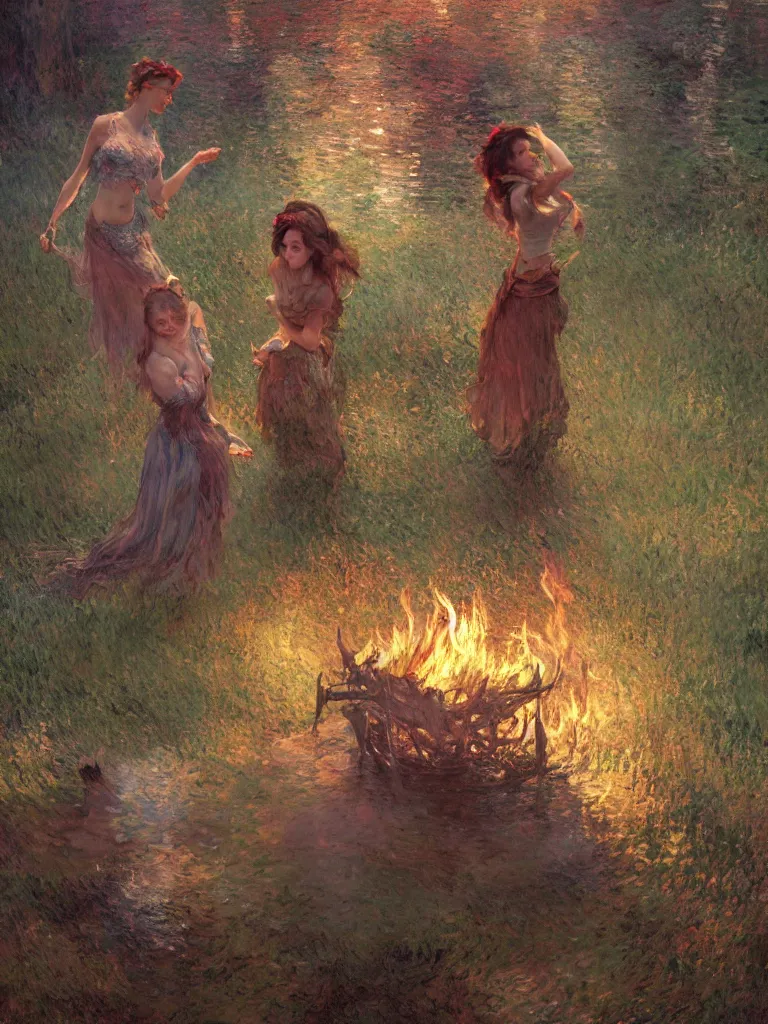 Prompt: illustration studio portrait of witches dancing and floating around a big firepit in artistic poses at the forest in a witch's dark coven, monet painterly motives and textures pattern, hyper detailed, octane render, vivid colors, artstation, by jeremy mann, by alphonse mucha, by monet