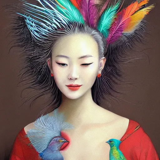 Prompt: a painting of a woman with a bird on her head by li di, featured on cgsociety, fantasy art, made of feathers, detailed painting, whimsical