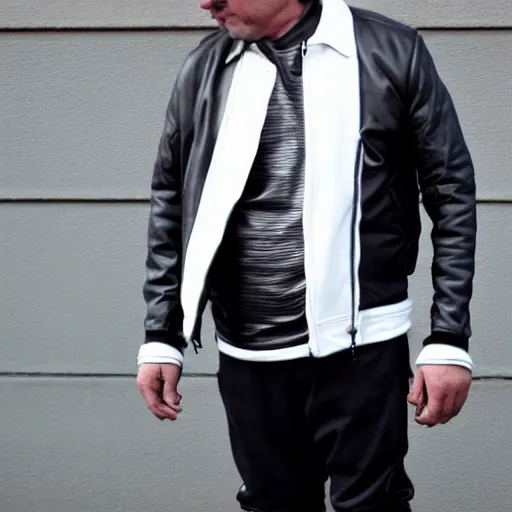 Prompt: sad middle aged man. black leather jacket, white adidas pants. extreme long shot