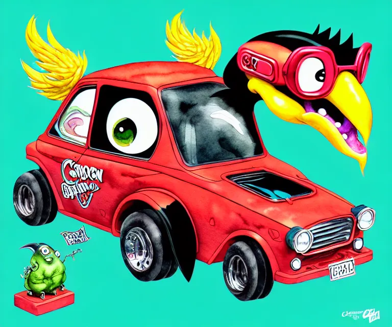 Image similar to cute and funny, black chicken wearing goggles driving a tiny hot rod with an oversized engine, ratfink style by ed roth, centered award winning watercolor pen illustration, isometric illustration by chihiro iwasaki, edited by craola, tiny details by artgerm and watercolor girl, symmetrically isometrically centered