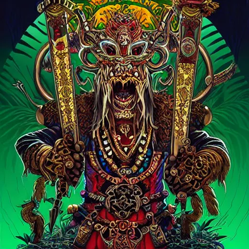 Image similar to barong family ancient sword with jewels, wiwek, mara demon, one single tribe member, jungle, one single mask, dark, tribal, inner glow, art by dan mumford and justin gerard