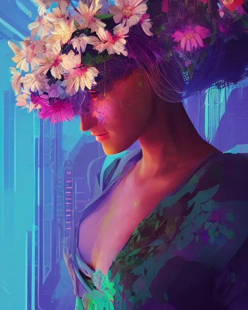 Image similar to a digital painting of a woman with flowers in her hair, cyberpunk art by beeple, behance contest winner, retrofuturism, voxel art, # pixelart, dystopian art