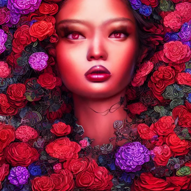 Image similar to studio portrait absurdly beautiful, elegant, lovely, young hypercolorful sensual black model rubies red petals gems, ultrafine hyperrealistic detailed face illustration by kim jung gi, irakli nadar, intricate linework, sharp focus, bright colors, matte, octopath traveler, final fantasy, unreal engine highly rendered, global illumination, radiant light, intricate rainbow environment