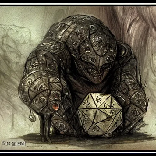 Image similar to Golem with a 12 sided dice as head. Dark Fantasy, concept art, art by Luis Royo