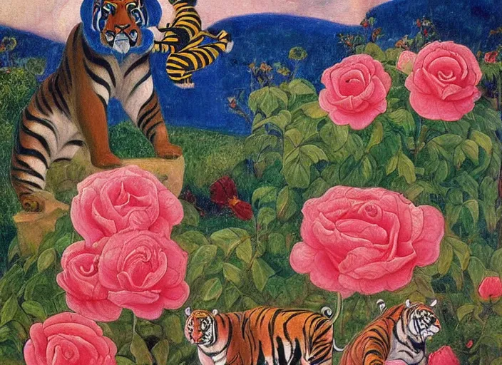 Image similar to An surreal oil painting of a two tigers next to an ancient temple, background of roses, by William Zorach, symbolist, small bumble bees, soft colors, dramatic lighting, smooth, sharp focus, extremely detailed, aesthetically pleasing composition