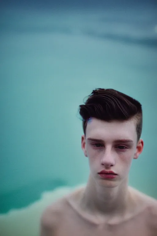 Image similar to high quality pastel coloured film mid angle docu photograph of a beautiful young 2 0 year old male, soft features, short black hair, oversized clothing, in icelandic black rock pool environment. atmospheric. three point light. photographic. art directed. ( pastel colours ). volumetric light. clearcoat. waves glitch. 8 k. filmic.