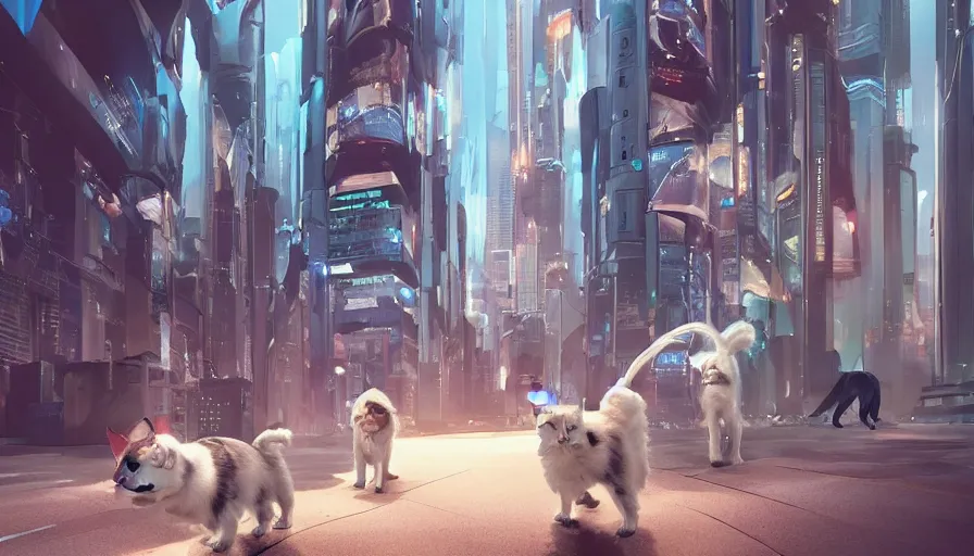 Prompt: Dog and cat walking together in a futuristic city, hyperdetailed, artstation, cgsociety, 8k