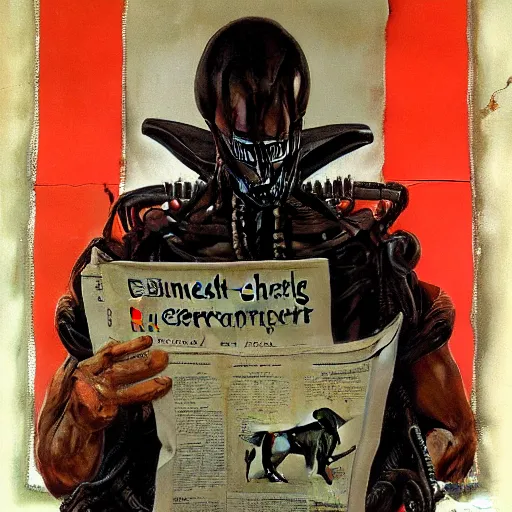 Prompt: Xenomorph reading the evening news painted by Norman Rockwell, nostalgia, americana, oil painting,