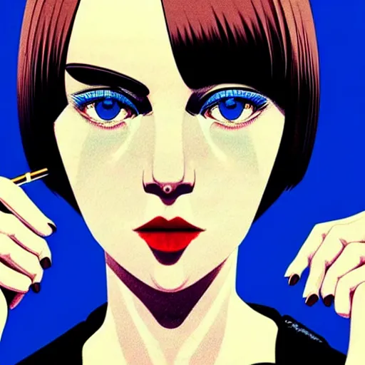 Prompt: woman with bobcut haircut with friendly blue eyes and slim features looking askance while smoking, underground box office hit, satire and seventies italian horror movie, intricate, ultra detailed 8 k, best, cool, extremely beautiful and aesthetic shape of face and neck, art by hiroaki samura and ilya kuvshinov and rossdraws and andy warhol, inverted