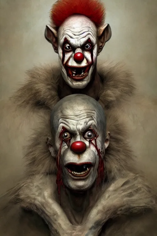 Image similar to photorealistic portrait photograph of vladimir putin as a pathetic goblinoid demon clown, kobold, upper body, fantasy, bloody, depth of field, soft focus, highly detailed, intricate, realistic, national geographic cover, soft glow, textured, artstation, concept art, sharp focus, illustration, art by artgerm and greg rutkowski and alphonse mucha