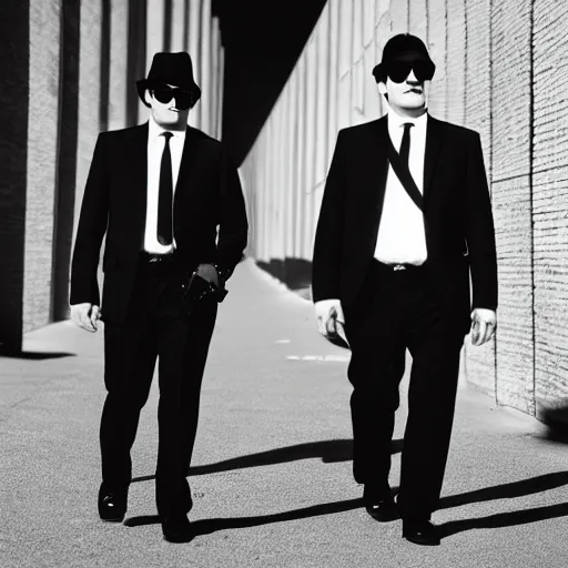 Image similar to blues brothers walking towards camera with white background. wearing suits. strong shadows. high contrast. serious look. carrying a pistol