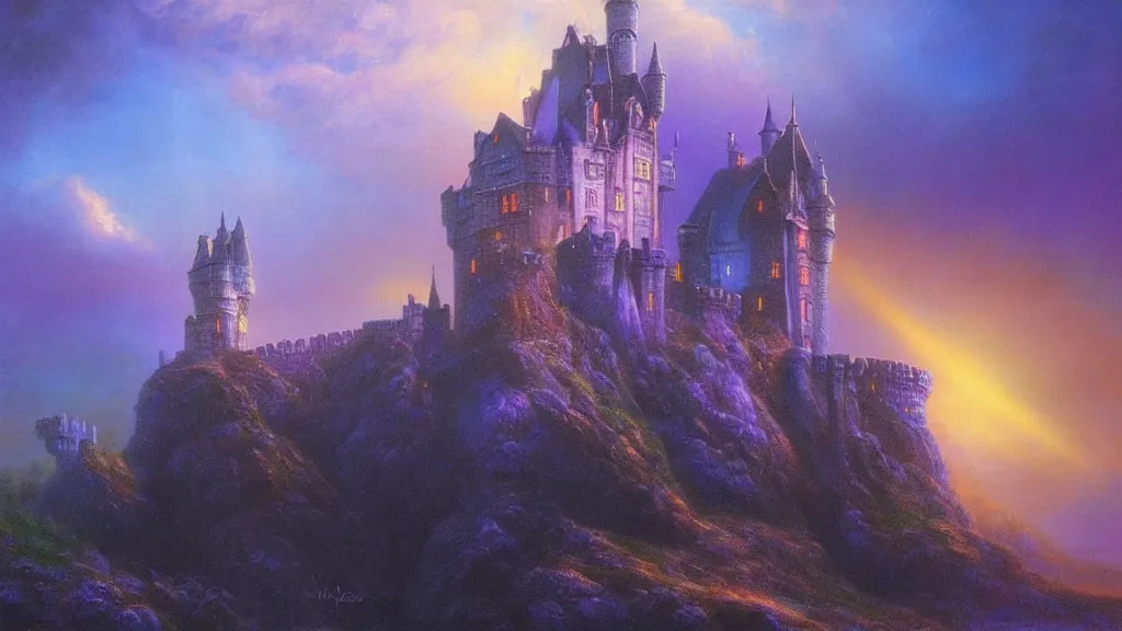 Prompt: beautiful airbrush matte painting of a castle made of light inspired by gilbert williams. clean painting and auora lighting. dark blue and intense purple color palette, art by gilbert williams