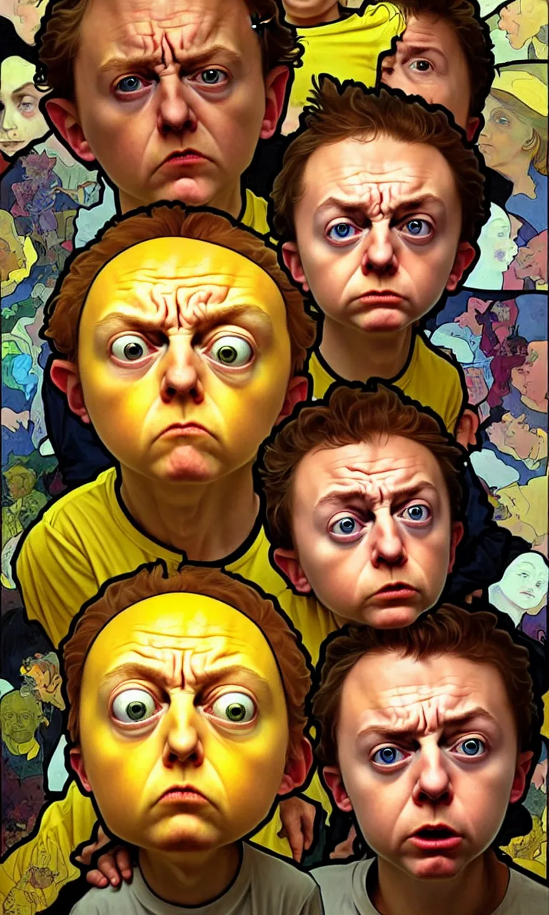 Prompt: hyper realistic grotesque portrait of an very young 1 2 yr dumb roundheaded round head morty, from rick and morty, worried, yellow t - shirt, portal in the background, by lee bermejo, alphonse mucha and greg rutkowski