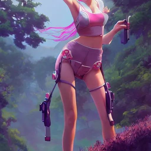 Image similar to a beautiful scenic painting of a beautiful young woman that looks like dva by artgerm and wlop and wes anderson and spike jonze