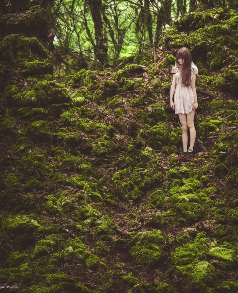 Prompt: dartmoor forest, cute female moth winged sprite creature, near camera, cinematic, bloom, cinematography, fog, magical